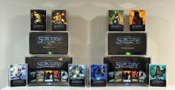 Sorcery: Contested Realm TCG booster boxes and precon deck kits in Bearish cases